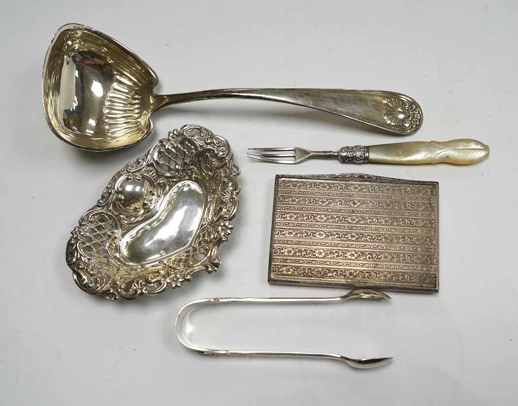 A group of German 800 and other white metal cutlery, an 800 card case, silver bonbon dish, match sleeve and minor silver flatware. Condition - poor to fair